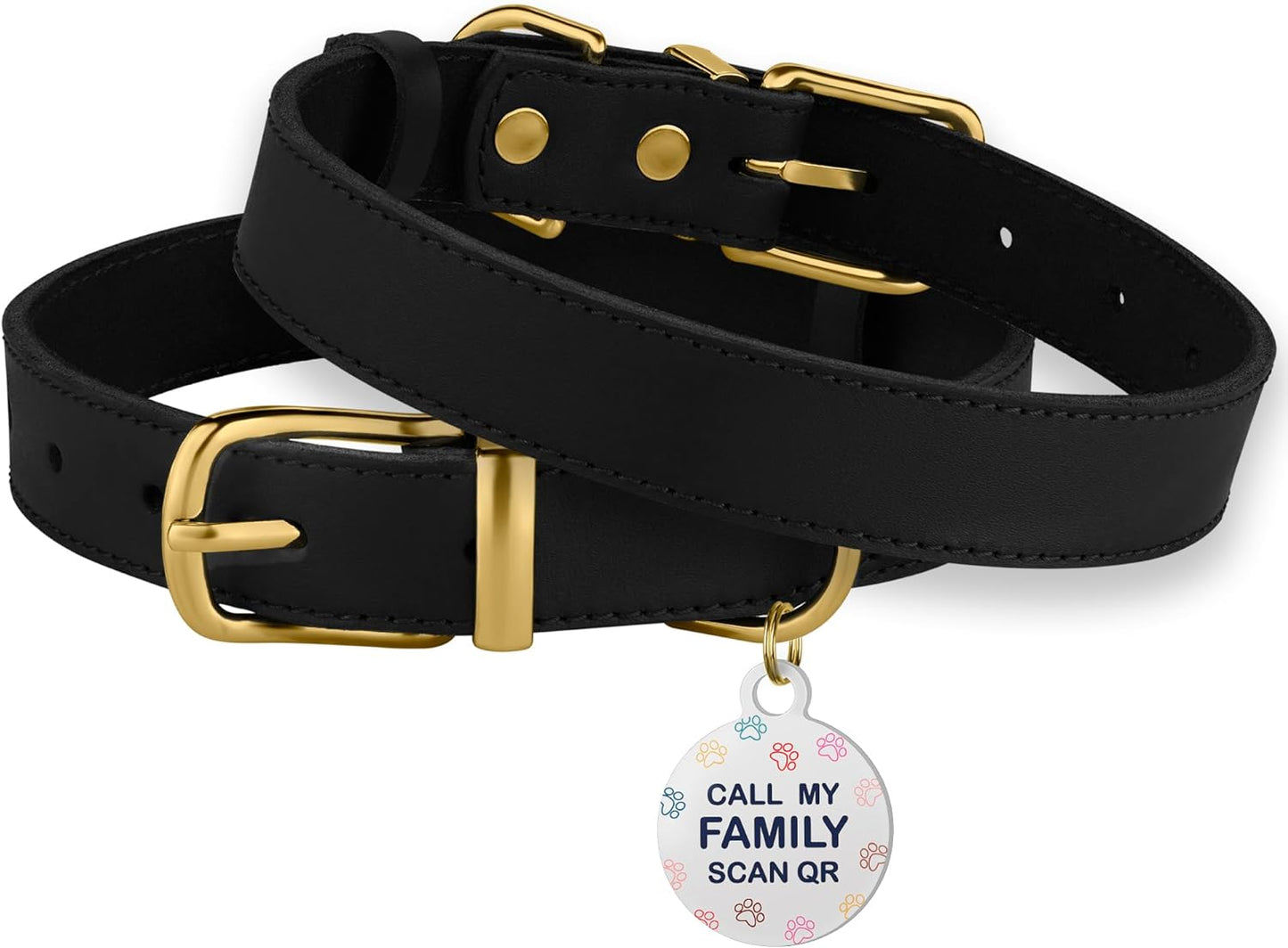 Chic Leather Dog Collar with QR ID Tag - Ideal for Small Dogs & Cats (7-9 Inch, Black & Gold Buckle)