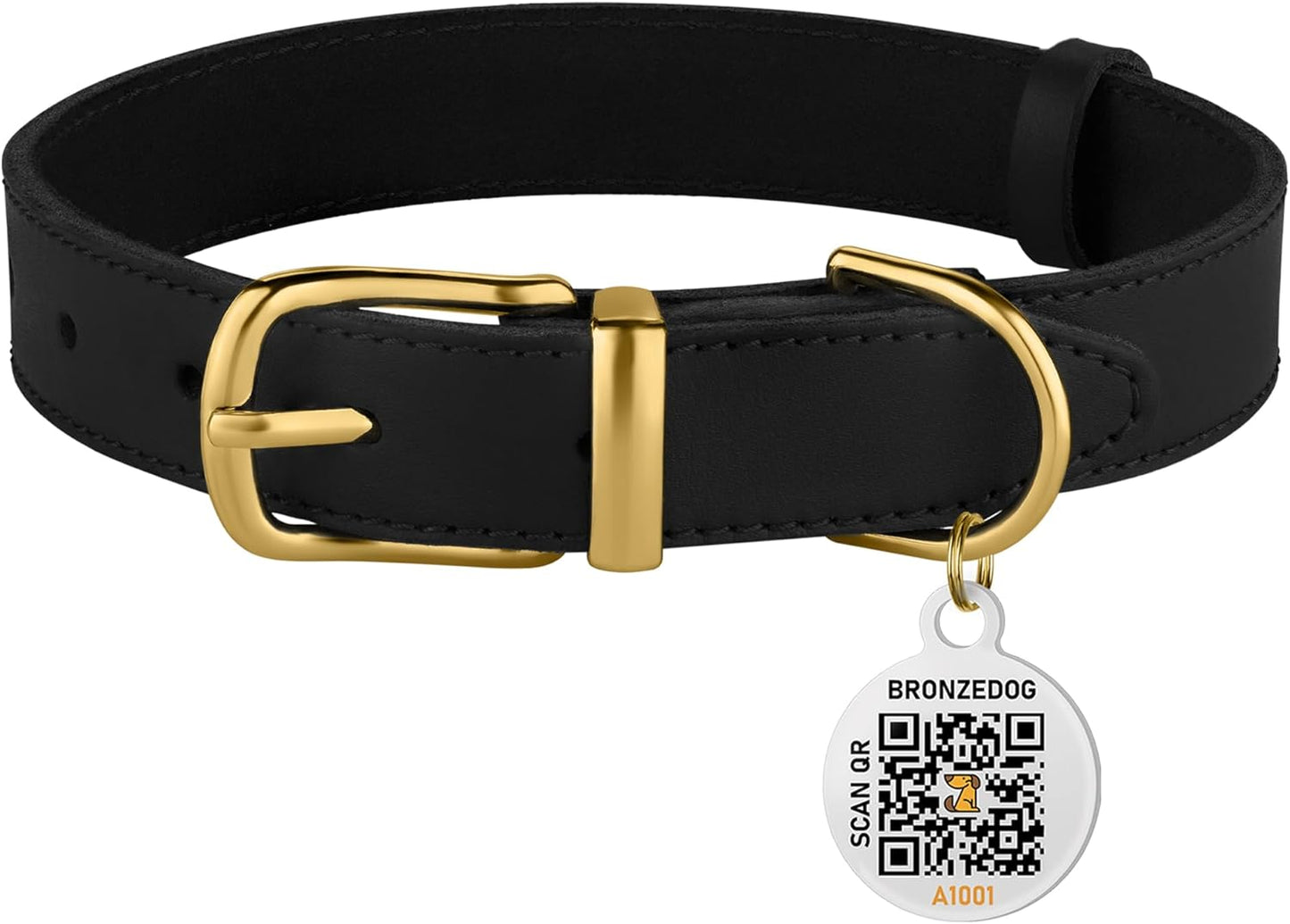 Chic Leather Dog Collar with QR ID Tag - Ideal for Small Dogs & Cats (7-9 Inch, Black & Gold Buckle)