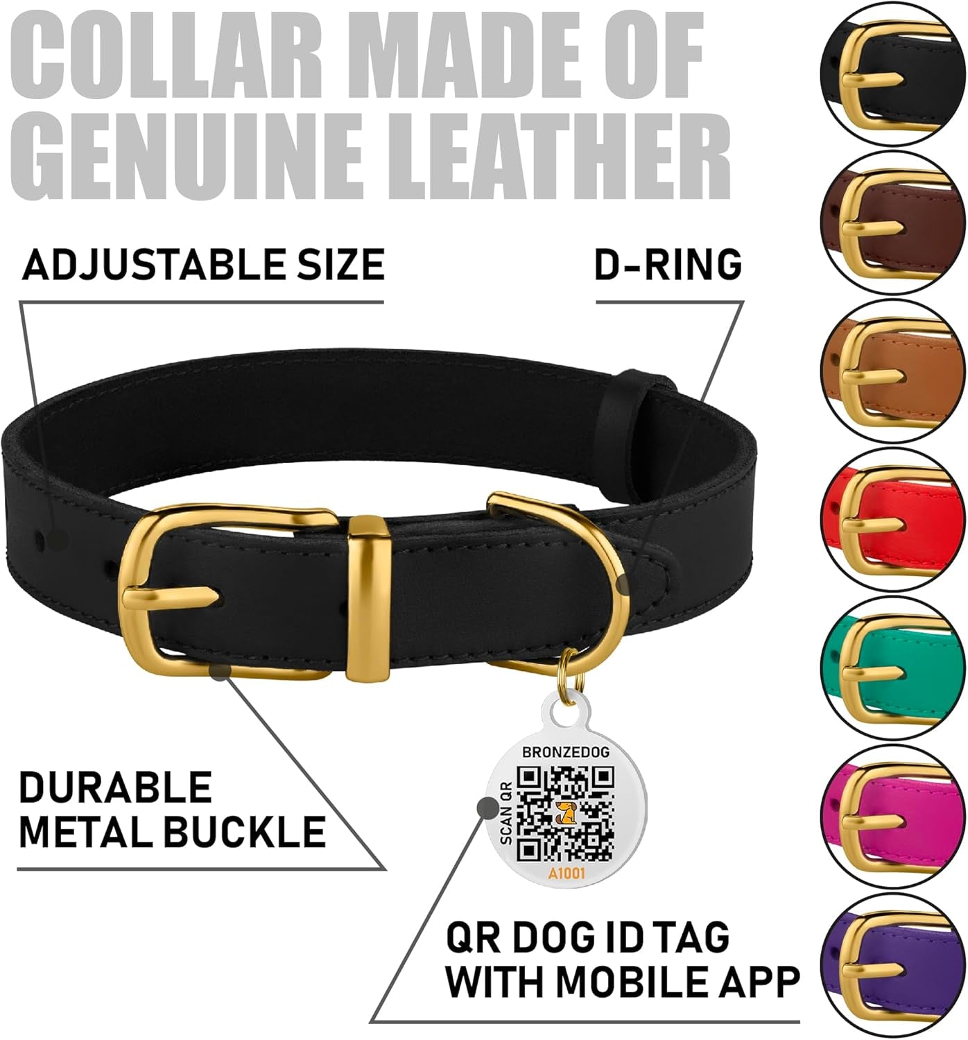 Chic Leather Dog Collar with QR ID Tag - Ideal for Small Dogs & Cats (7-9 Inch, Black & Gold Buckle)