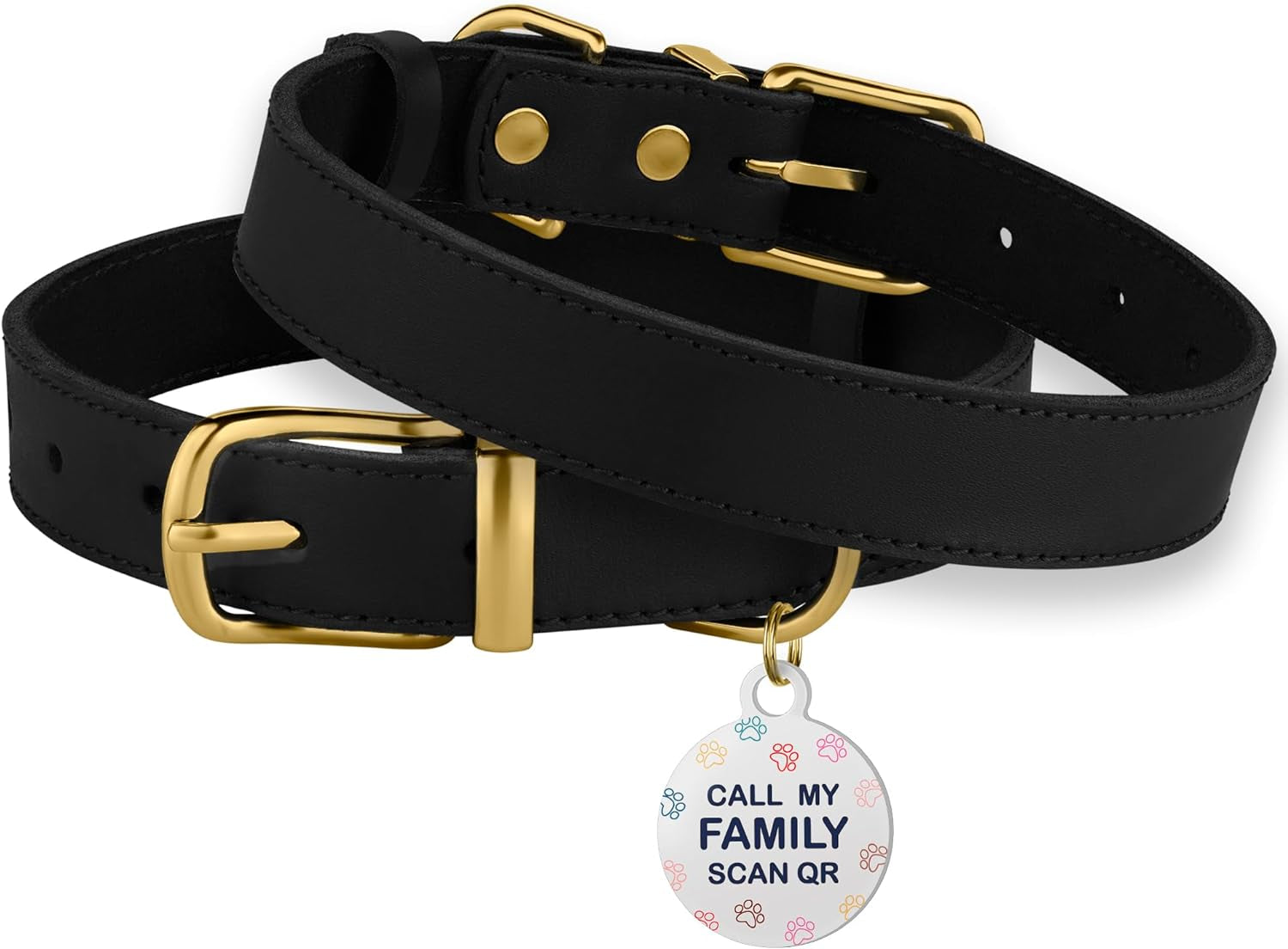 Chic Leather Dog Collar with QR ID Tag - Ideal for Small Dogs & Cats (7-9 Inch, Black & Gold Buckle)
