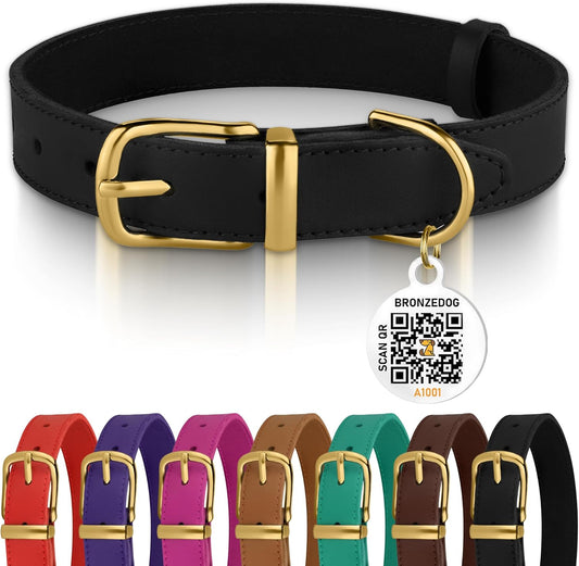 Chic Leather Dog Collar with QR ID Tag - Ideal for Small Dogs & Cats (7-9 Inch, Black & Gold Buckle)